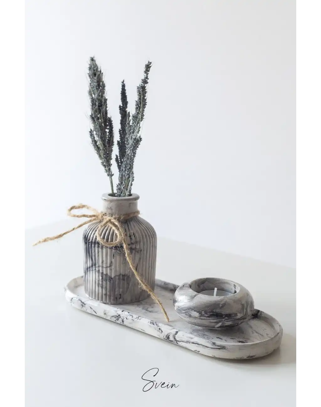 Premium Özel Tasarım Mermer Görünümlü Dekoratif Siyah Beyaz Taş Sunumluk Mumluk Vazo Aksesuar Seti