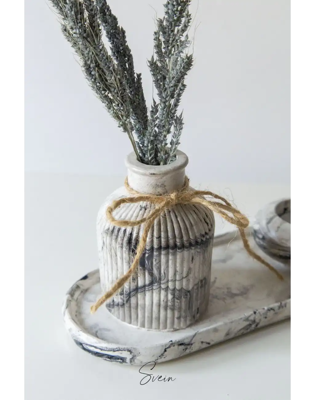 Premium Özel Tasarım Mermer Görünümlü Dekoratif Siyah Beyaz Taş Sunumluk Mumluk Vazo Aksesuar Seti