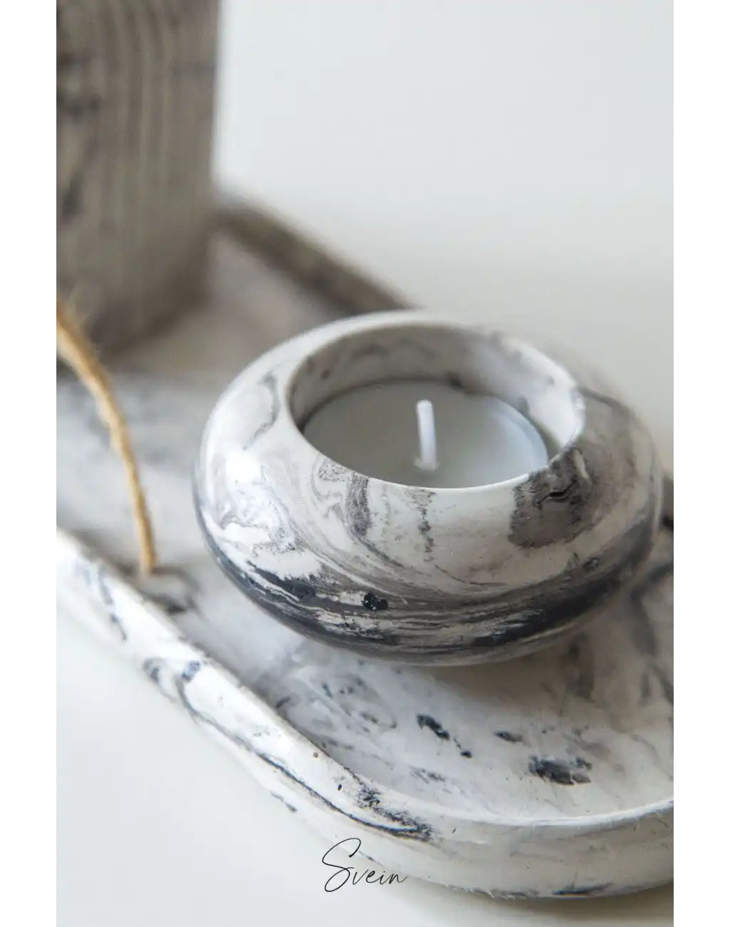 Premium Özel Tasarım Mermer Görünümlü Dekoratif Siyah Beyaz Taş Sunumluk Mumluk Vazo Aksesuar Seti