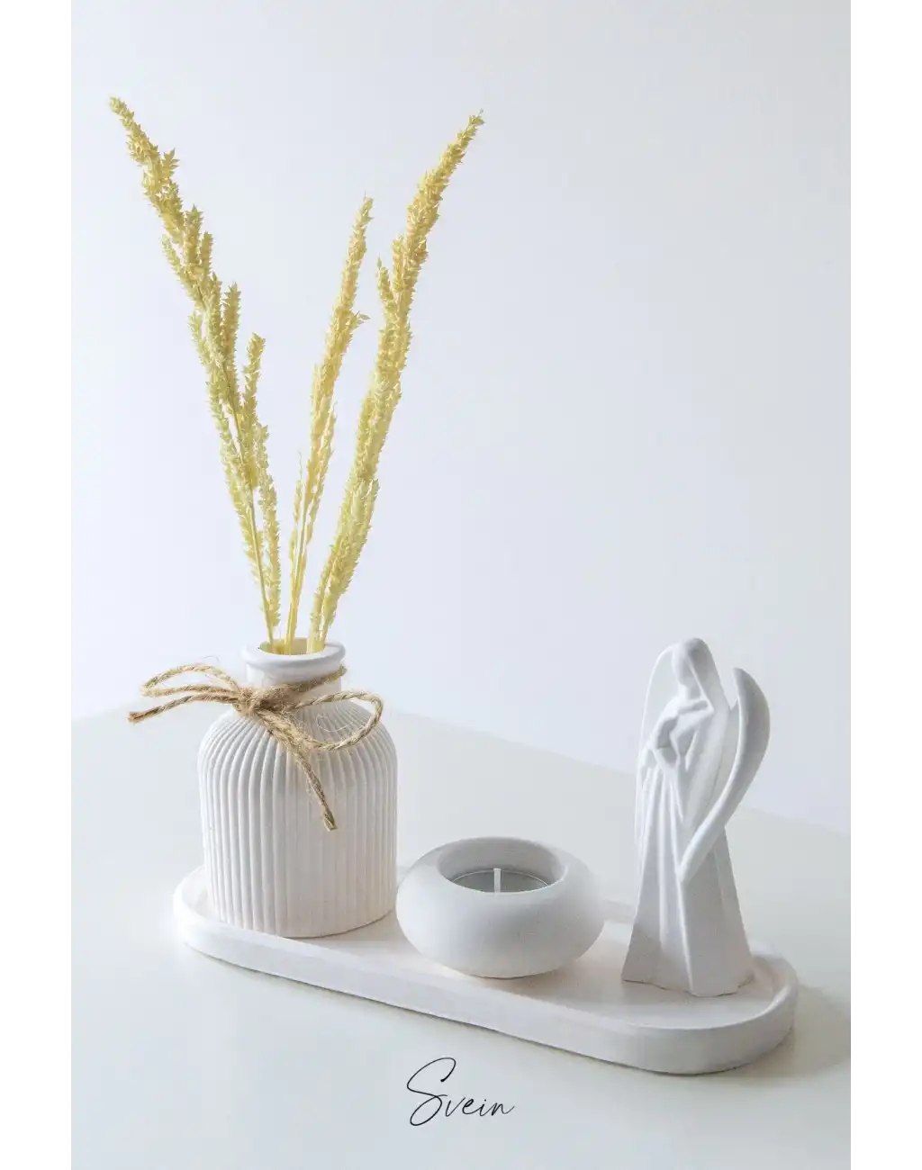 Premium Özel Tasarım Anneler Günü Özel Beyaz Melek Dekoratif Taş Sunumluk Mumluk Vazo Aksesuar Seti