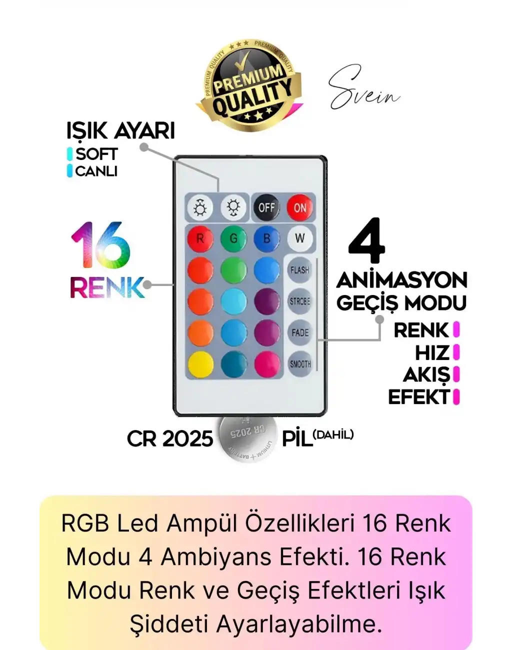 Premium RGB Uzaktan Kumandalı Çok Renkli Led Ampul E27 800lm 9w Gün Işığı 16 Renk Tasarruflu Işık