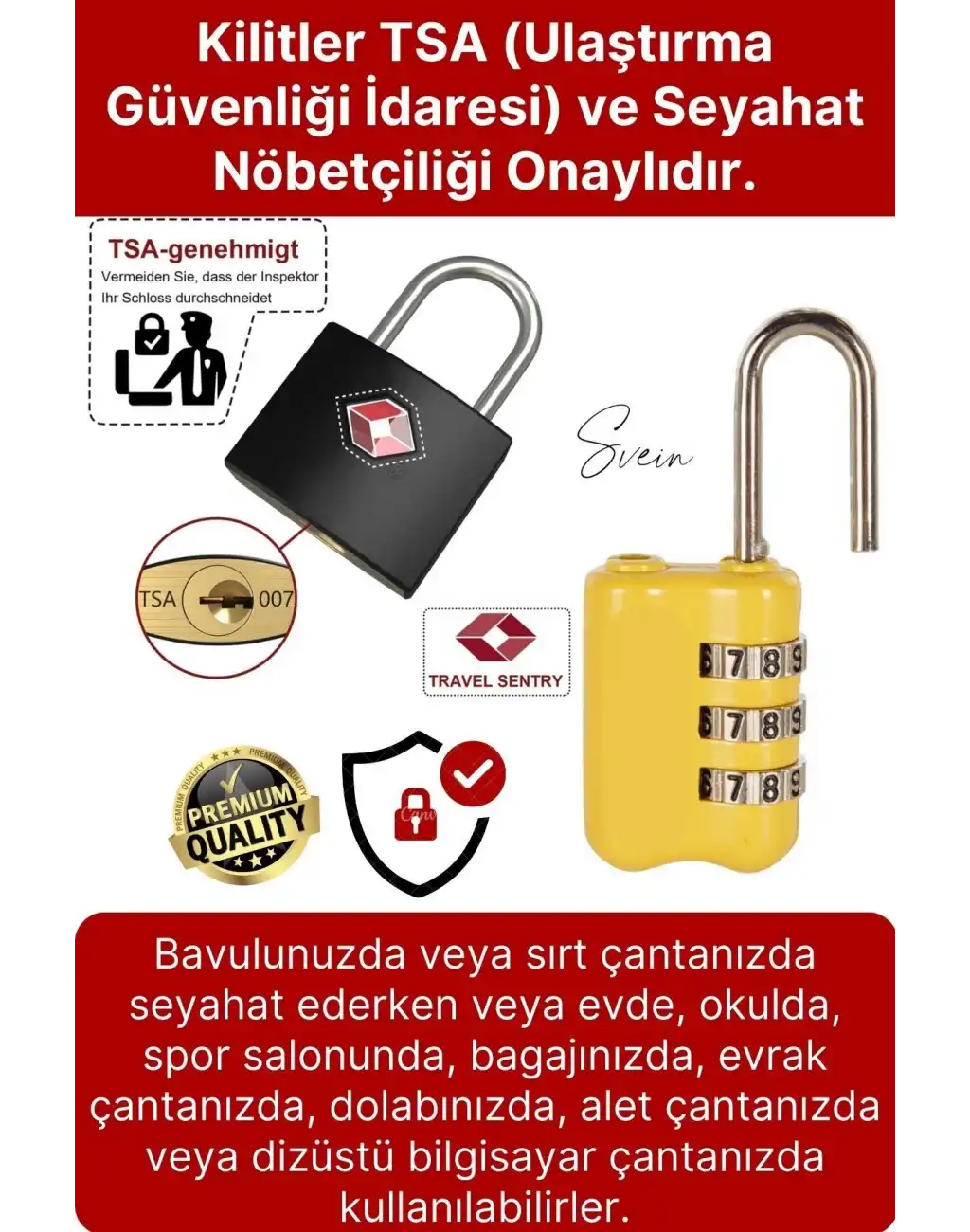 Premium Seyahat Tipi Şifreli TSA Onaylı Kırılmaz Çelik Bagaj Valiz Çanta Dolap Asma Kilit seti