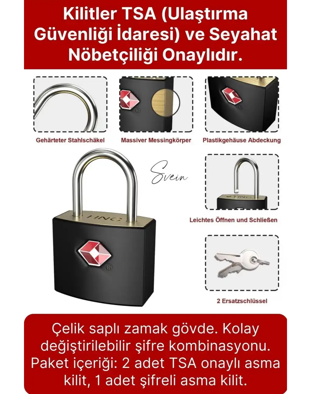 Premium Seyahat Tipi Şifreli TSA Onaylı Kırılmaz Çelik Bagaj Valiz Çanta Dolap Asma Kilit seti