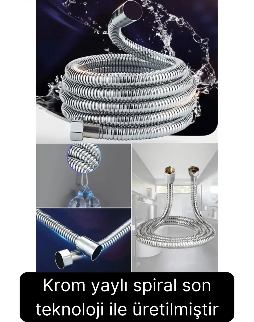 Premium Paslanmaz Krom Patlamaz Kopmaz Tüm Duş Sistemleriyle Uyumlu Uzayan Spiral Hortum Örgü 2 mt