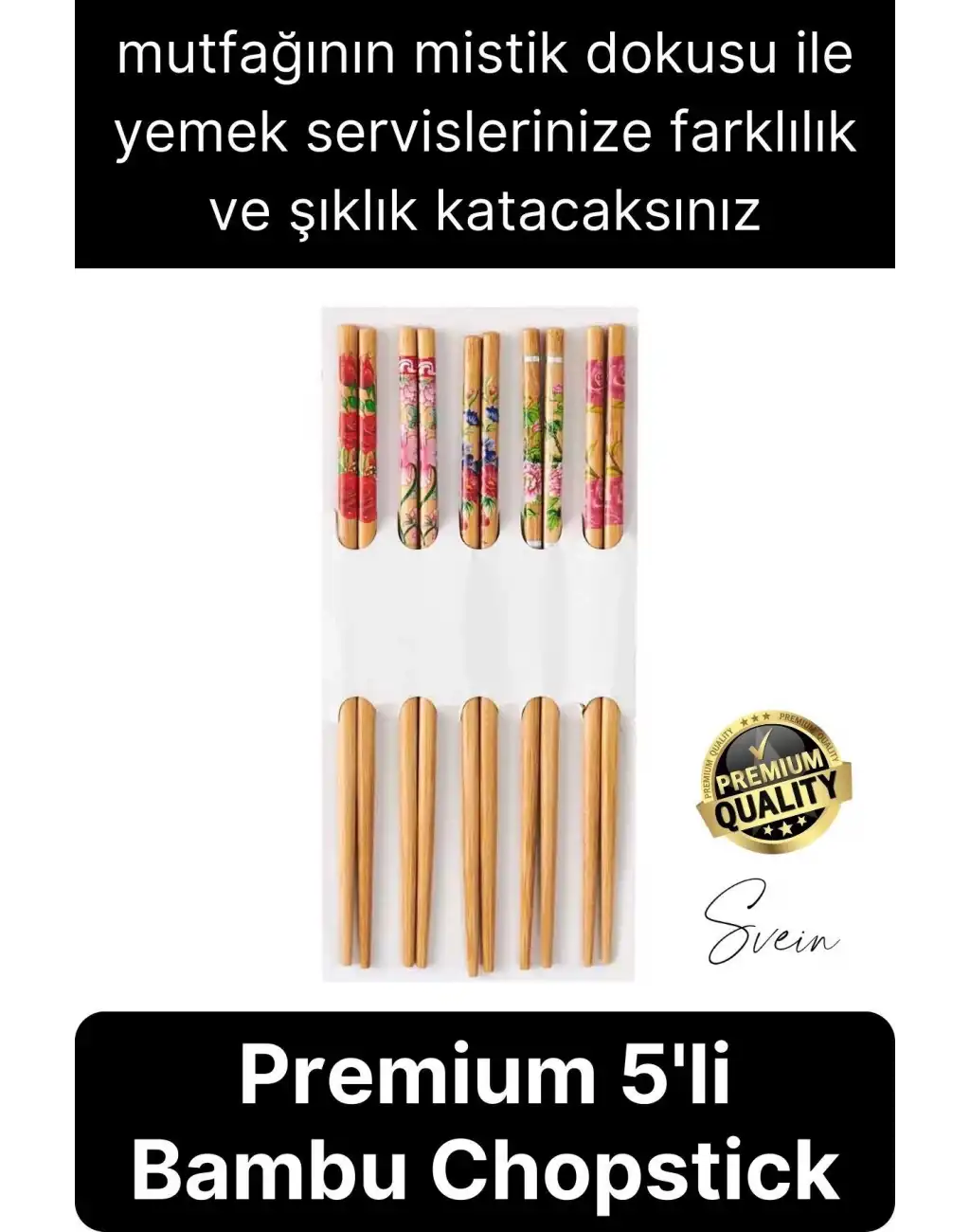 Premium Bambu 5li Kaymaz Yıkanabilir Desenli Çin Yemek Çubuğu Uzakdoğu Asya Mutfağı Chopstick Set