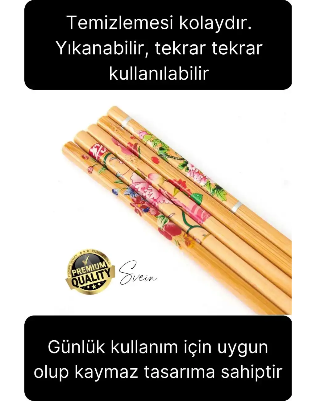 Premium Bambu 5li Kaymaz Yıkanabilir Desenli Çin Yemek Çubuğu Uzakdoğu Asya Mutfağı Chopstick Set