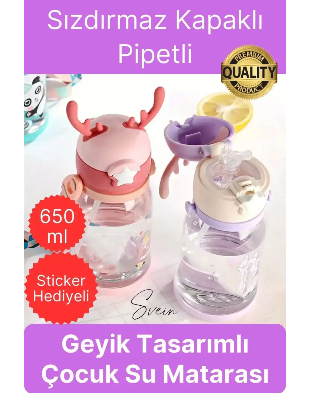 Özel Geyikli Tasarım Pipetli Sızdırmaz Kapaklı Gıdaya Uygun Çocuk Su Matarası Askılı Suluk 650 ml