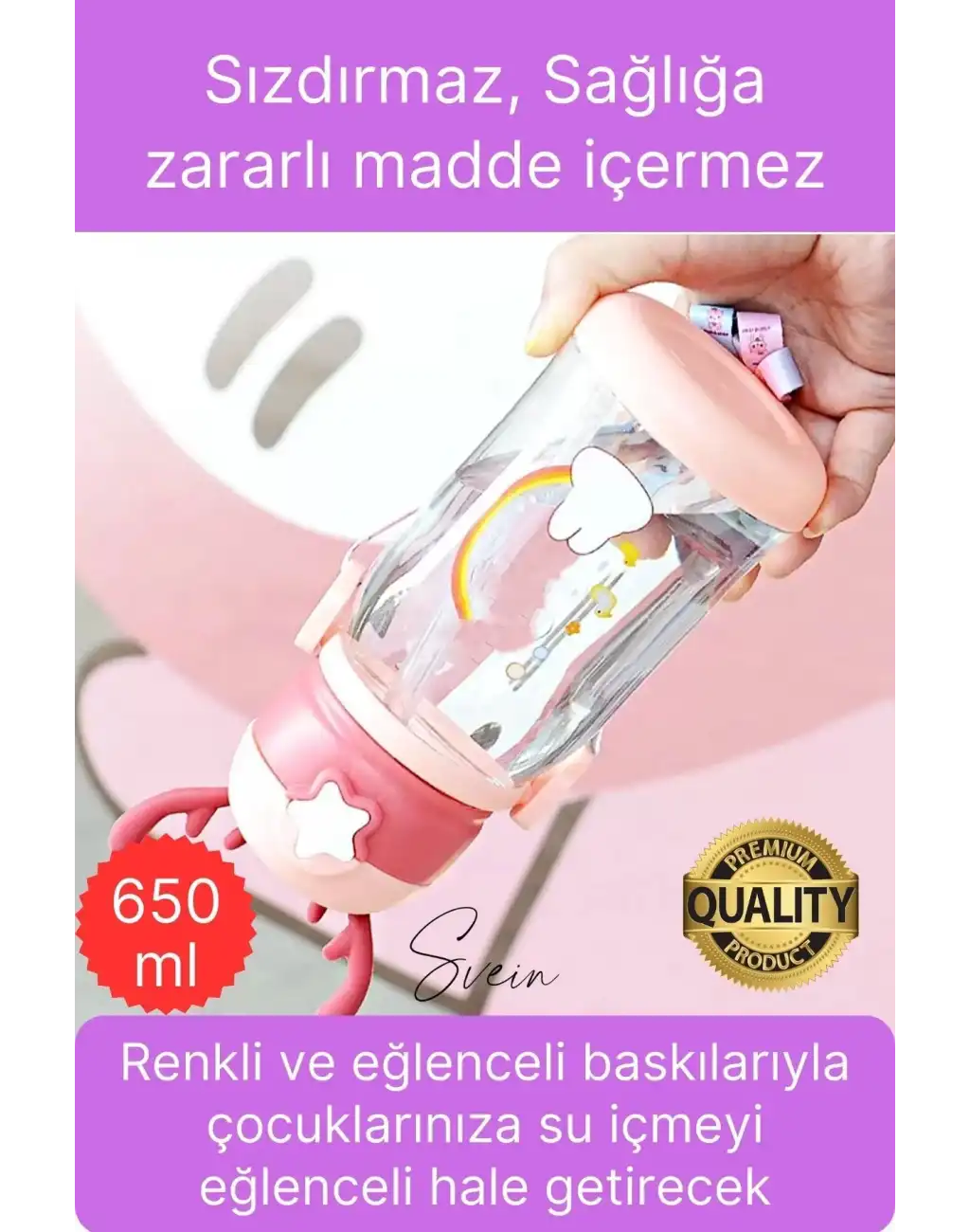 Özel Geyikli Tasarım Pipetli Sızdırmaz Kapaklı Gıdaya Uygun Çocuk Su Matarası Askılı Suluk 650 ml