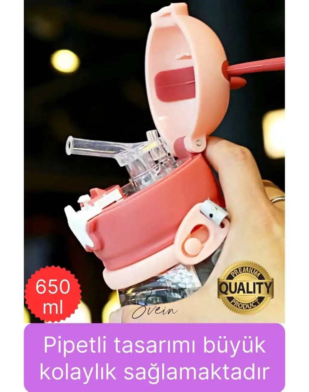 Özel Geyikli Tasarım Pipetli Sızdırmaz Kapaklı Gıdaya Uygun Çocuk Su Matarası Askılı Suluk 650 ml