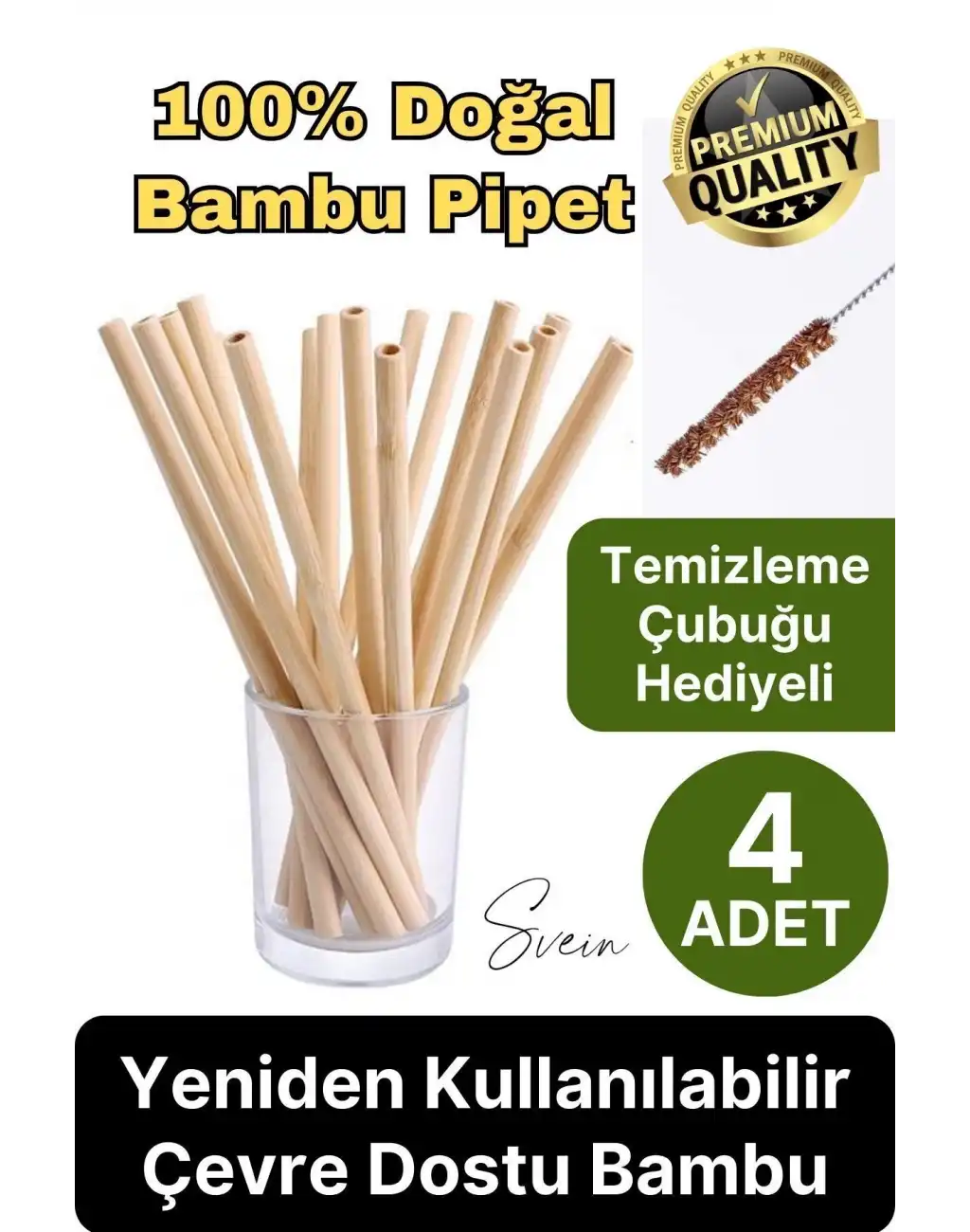 Özel Üretim Bambu 4 Adet Doğal Sağlıklı Yeniden Kullanılabilir Yıkanabilir Çevre Dostu Pipet Kamış