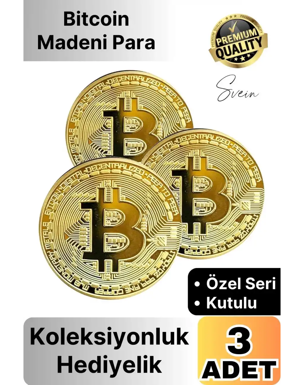 3 Adet Özel Seri Premium Bitcoin Madeni Para Kutulu Hediyelik Metal Hatıra Koleksiyon Kripto Coin