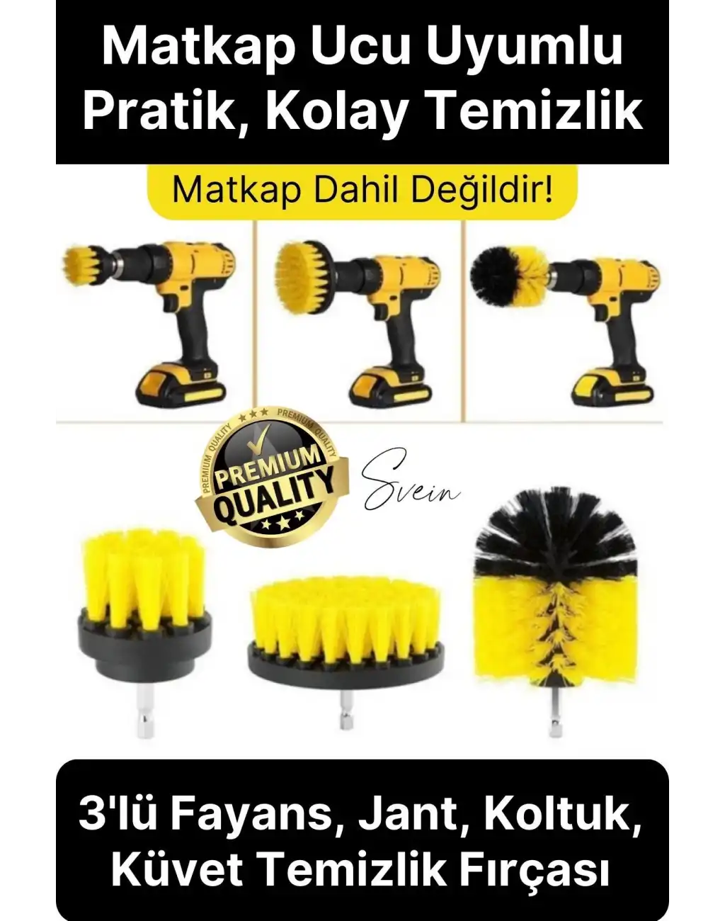 Premium 3lü Matkap Ucu Temizleme Fırça Seti Jant Fayans Mermer Küvet Koltuk Çok Amaçlı Temizlik