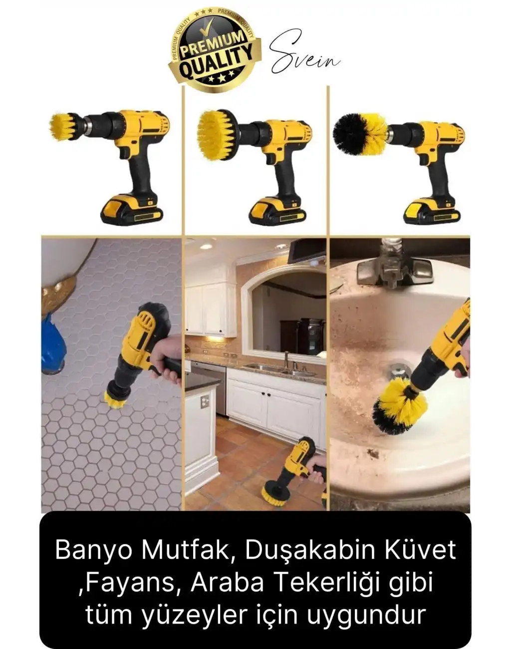 Premium 3lü Matkap Ucu Temizleme Fırça Seti Jant Fayans Mermer Küvet Koltuk Çok Amaçlı Temizlik