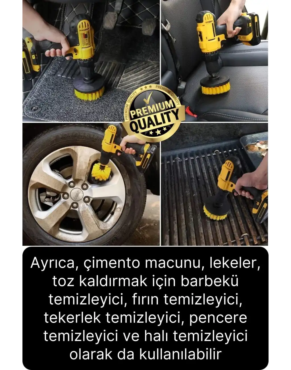 Premium 3lü Matkap Ucu Temizleme Fırça Seti Jant Fayans Mermer Küvet Koltuk Çok Amaçlı Temizlik