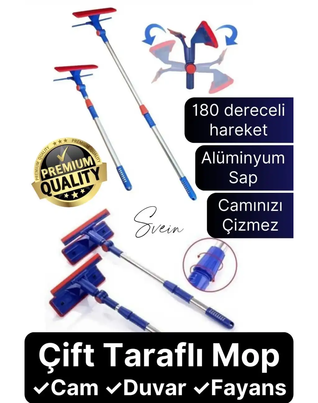 Teleskopik Çift Taraflı Pratik Cam Duvar Fayans Silme Aparatı Çekçekli Mop Uzayabilen Pencere