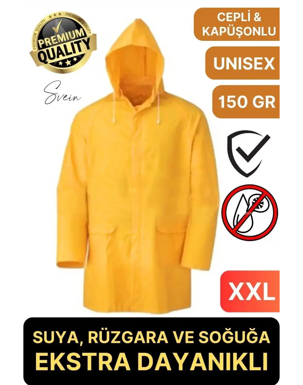 Premium Sarı XXL 150 gr Kapüşonlu Cepli Yağmurluk Su Rüzgar Soğuk Geçirmez Unisex Çıtçıtlı Pardösü