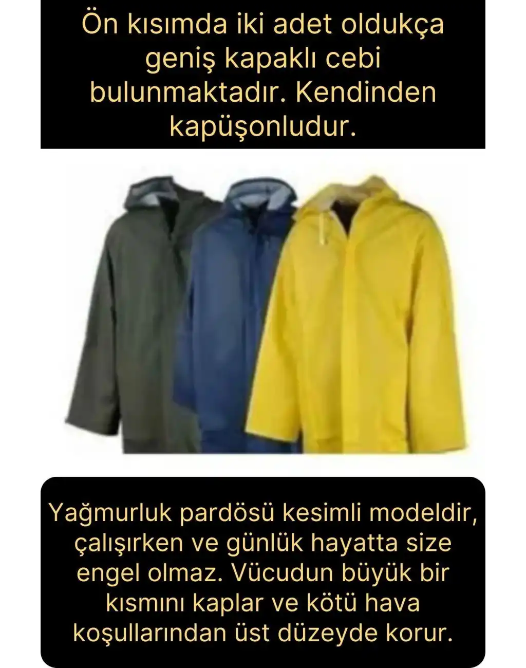 Premium Sarı XXL 150 gr Kapüşonlu Cepli Yağmurluk Su Rüzgar Soğuk Geçirmez Unisex Çıtçıtlı Pardösü