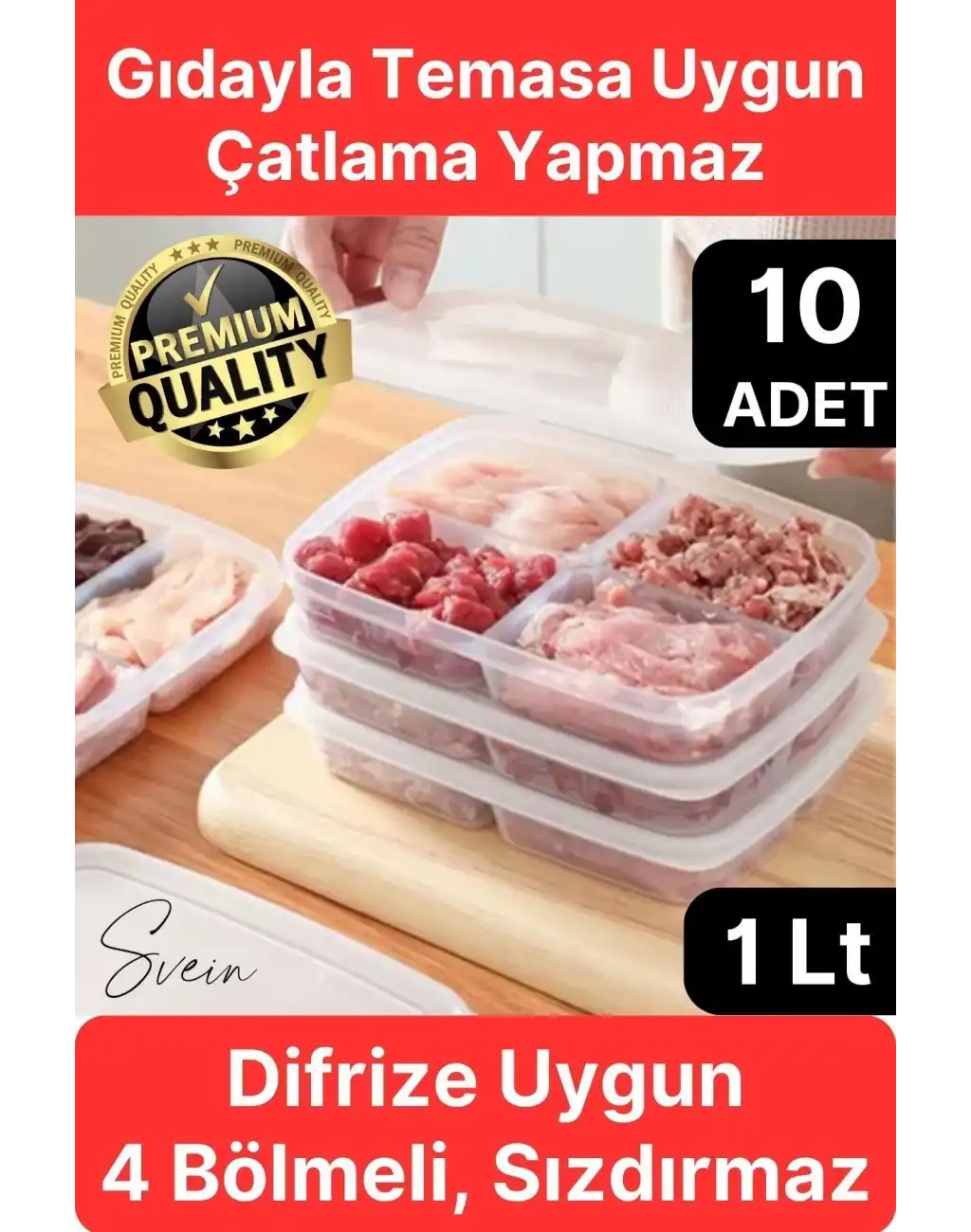 10 Adet 1 Lt 4 Bölmeli Difriz Dondurulmuş Öğünlük Et Sebze Saklama Kabı Derin Dondurucu Organizer