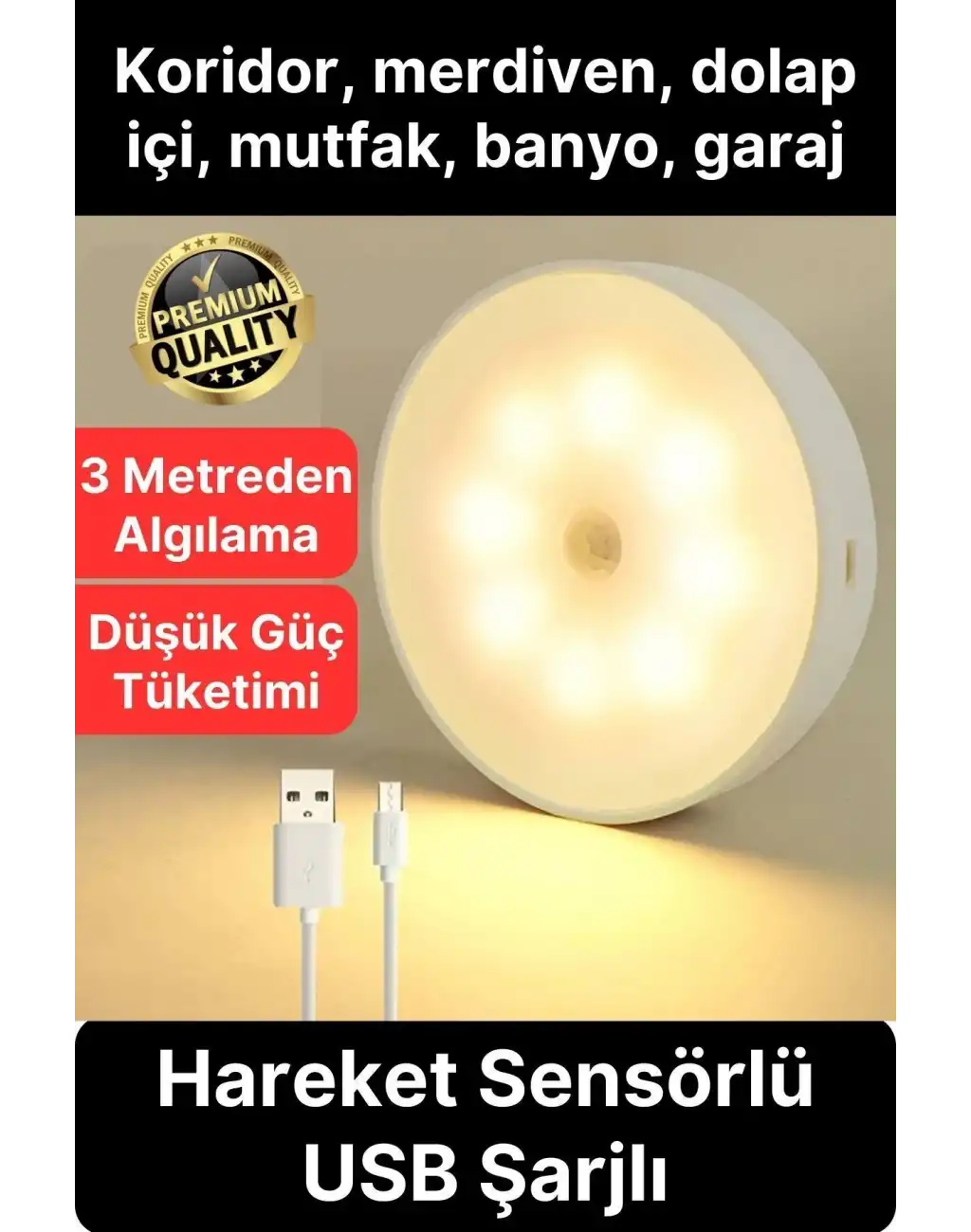 Premium Hareket Sensörlü Mini USB Şarjlı Led Işık Gece Lambası Koridor Bahçe Garaj Dolap Aydınlatma