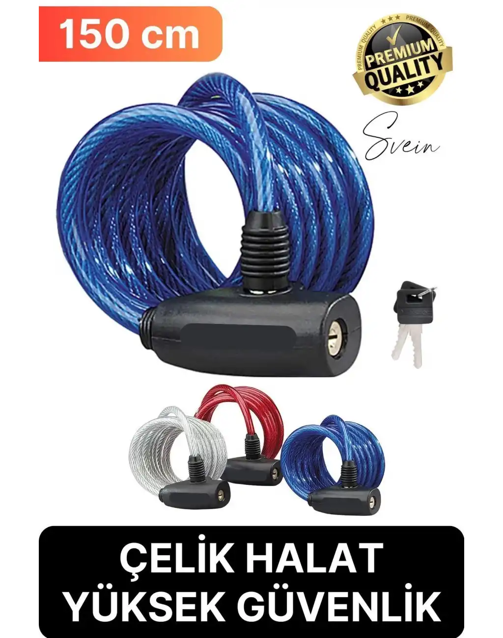 Premium Anahtarlı Çelik Halatlı Dayanıklı Bisiklet Motosiklet Scooter Kilidi 150 cm Güvenli Pratik