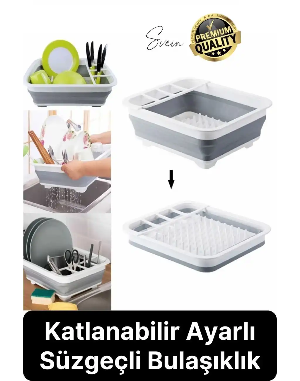 Pratik Katlanabilen Ayarlı Silikon Beyaz Bulaşıklık Kurutmalık Sepet Çatal Kaşık Hazneli Süzgeçli