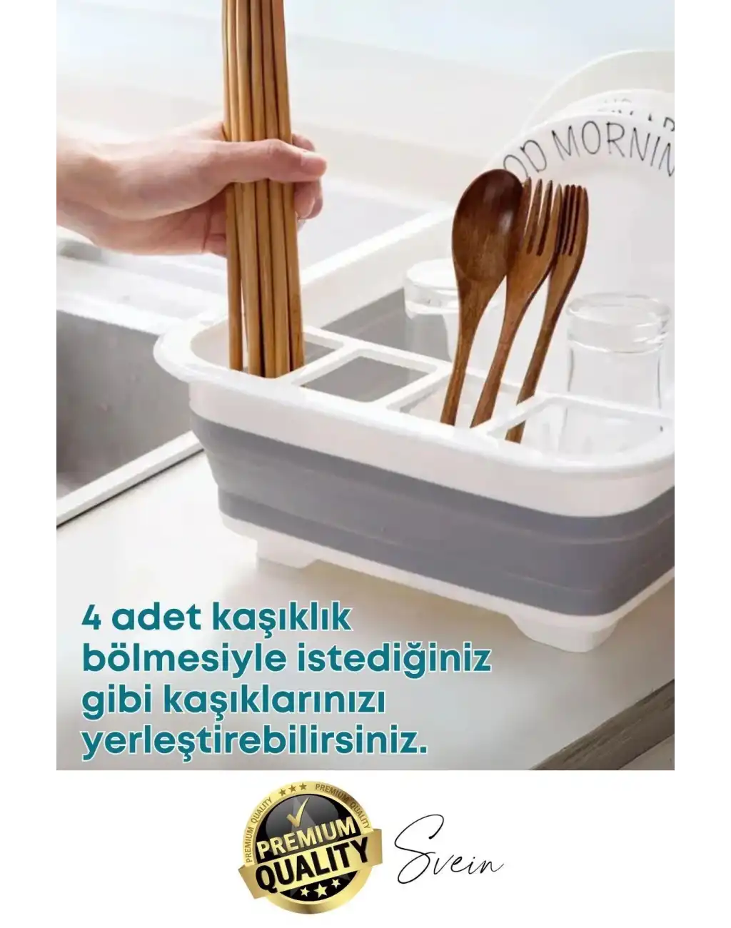 Pratik Katlanabilen Ayarlı Silikon Beyaz Bulaşıklık Kurutmalık Sepet Çatal Kaşık Hazneli Süzgeçli