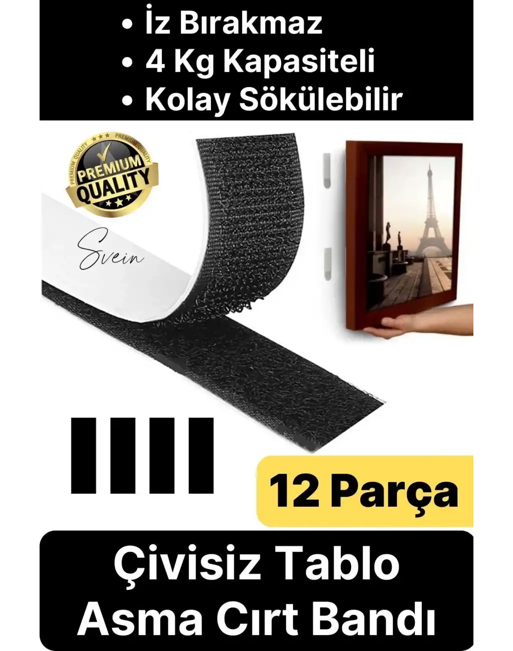 Premium Çivisiz Resim Çerçeve İz Bırakmaz Sökülebilen Tablo Asma Bandı 12li Set Cırt Bant Yapışkan