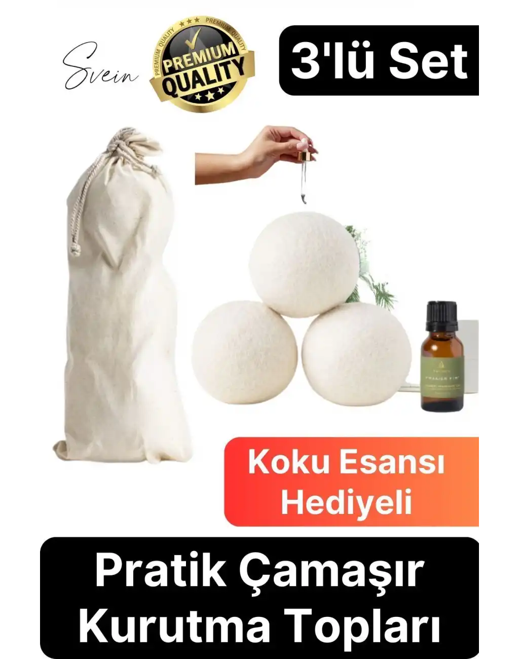 3lü Premium Hediye Kokulu Yün Keçe Çamaşır Kurutma Topu Seti Esans Yağı Koku Doğal Yumuşatıcı