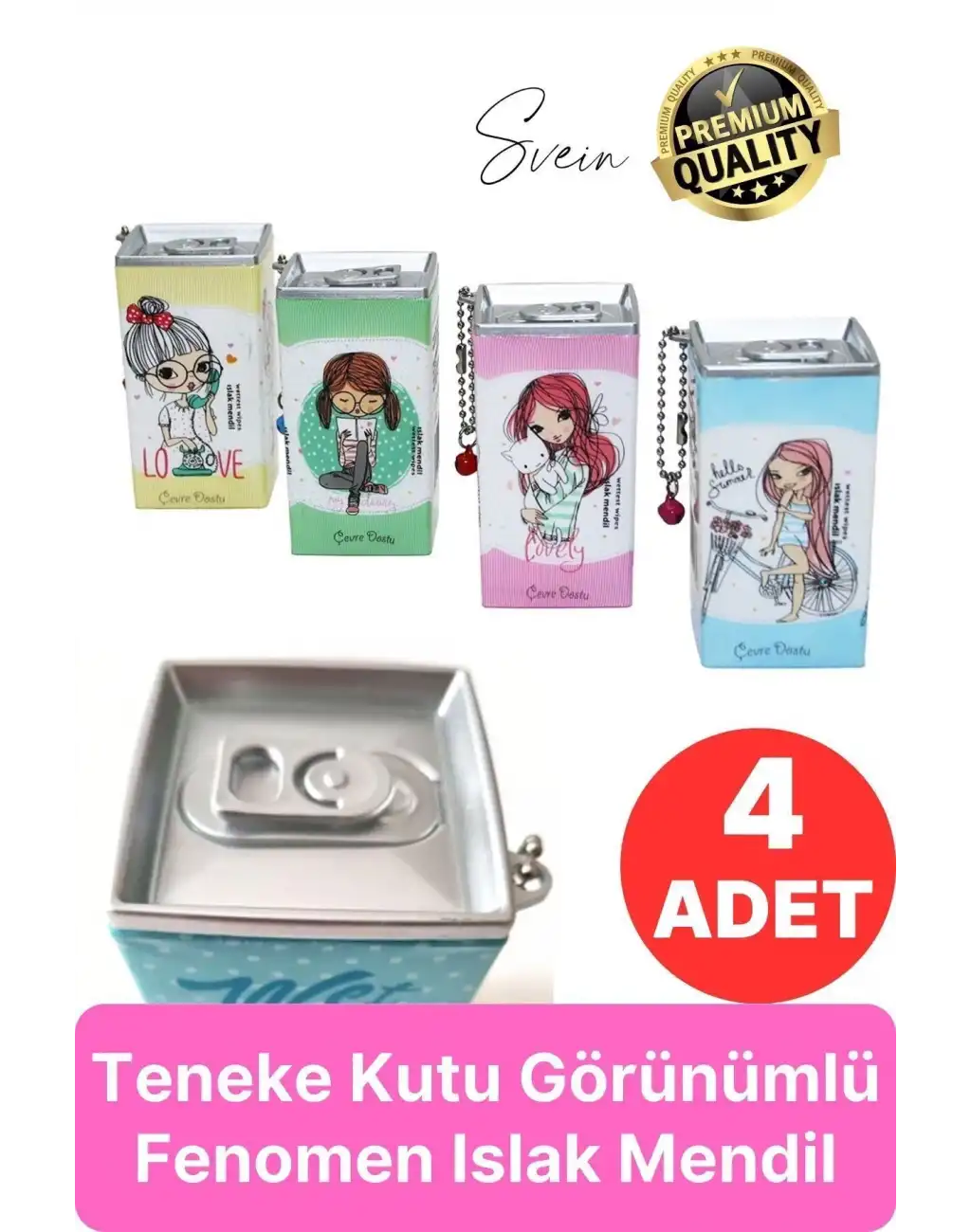 Özel Üretim 4 Adet Teneke Kutu Görünümlü Islak Mendil Anahtarlık Çocuk Figürlü Mini Cep Çanta Uyumlu