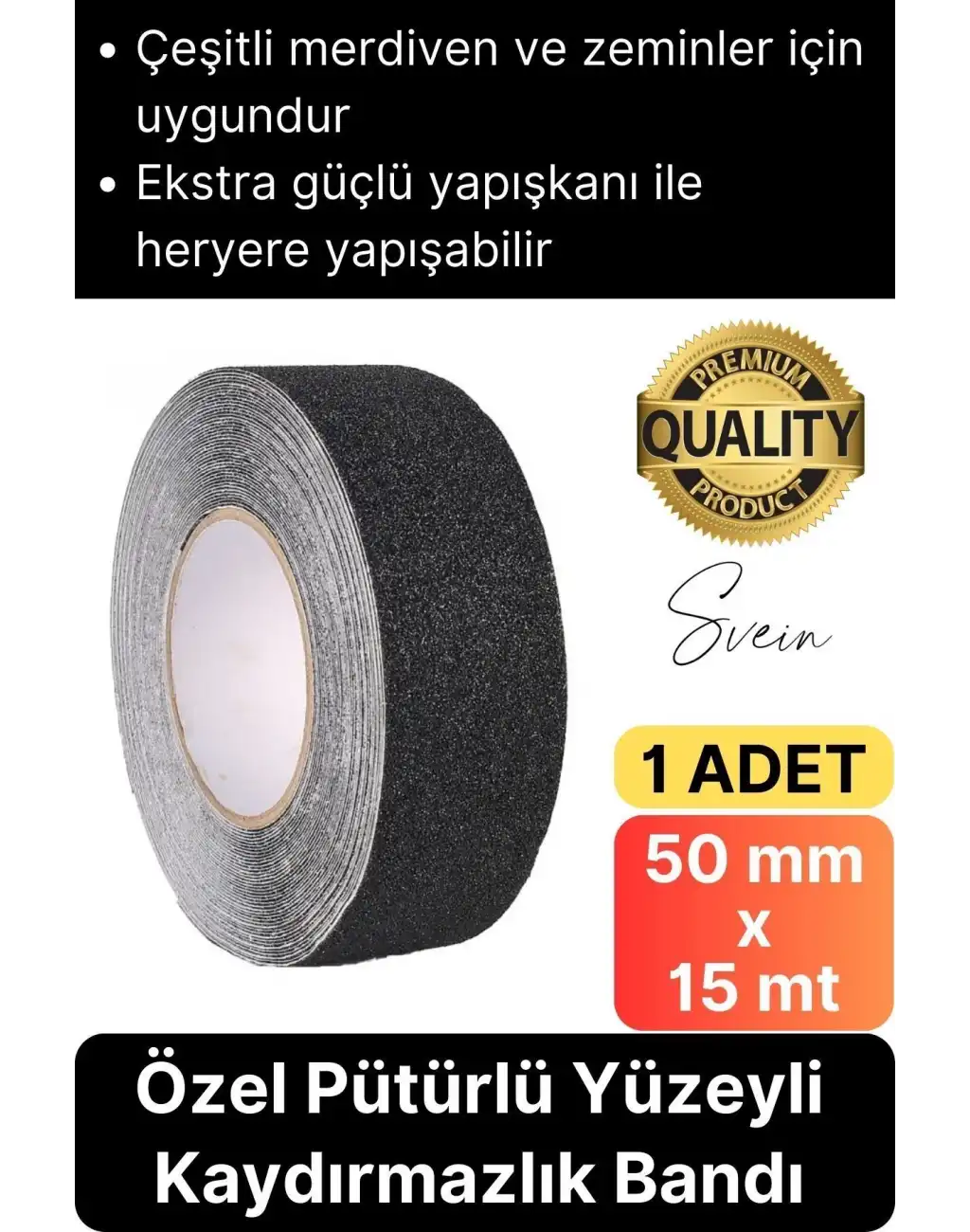 Premium 50mm x 15mt Siyah Kaydırmaz Bant Yapışkanlı Merdiven Basamak Zemin Güçlü Tutunabilen Halı