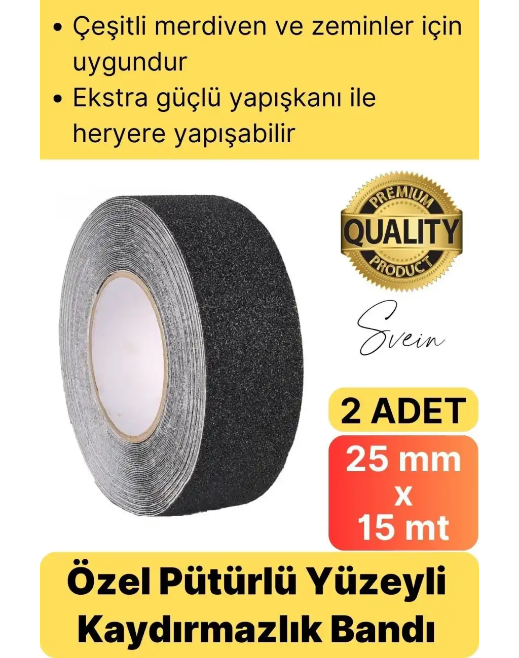 Premium 2 Adet 25mm x 15mt Siyah Kaydırmaz Bant Yapışkanlı Merdiven Basamak Zemin Güçlü Tutunabilen