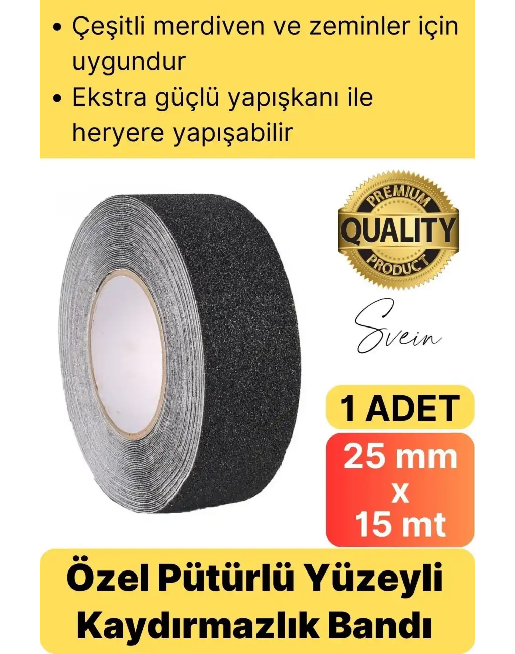 Premium 25mm x 15mt Siyah Kaydırmaz Bant Yapışkanlı Merdiven Basamak Zemin Güçlü Tutunabilen Halı