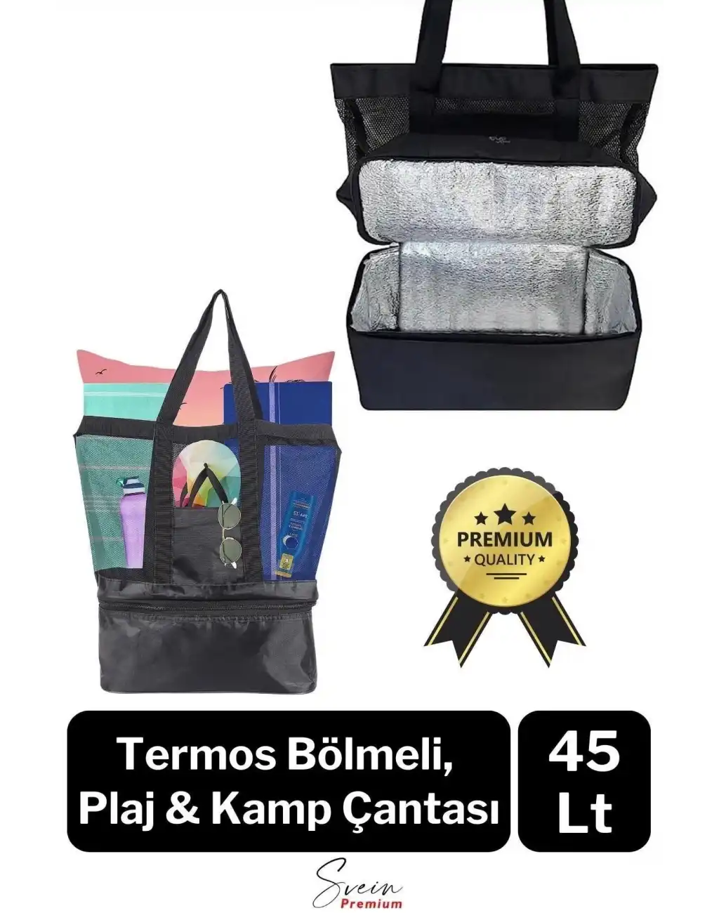 Sıcak Soğuk Tutucu Buzluklu Termos Bölmeli Fileli Omuz Askılı Fermuarlı Şık Plaj Kamp Piknik Çantası