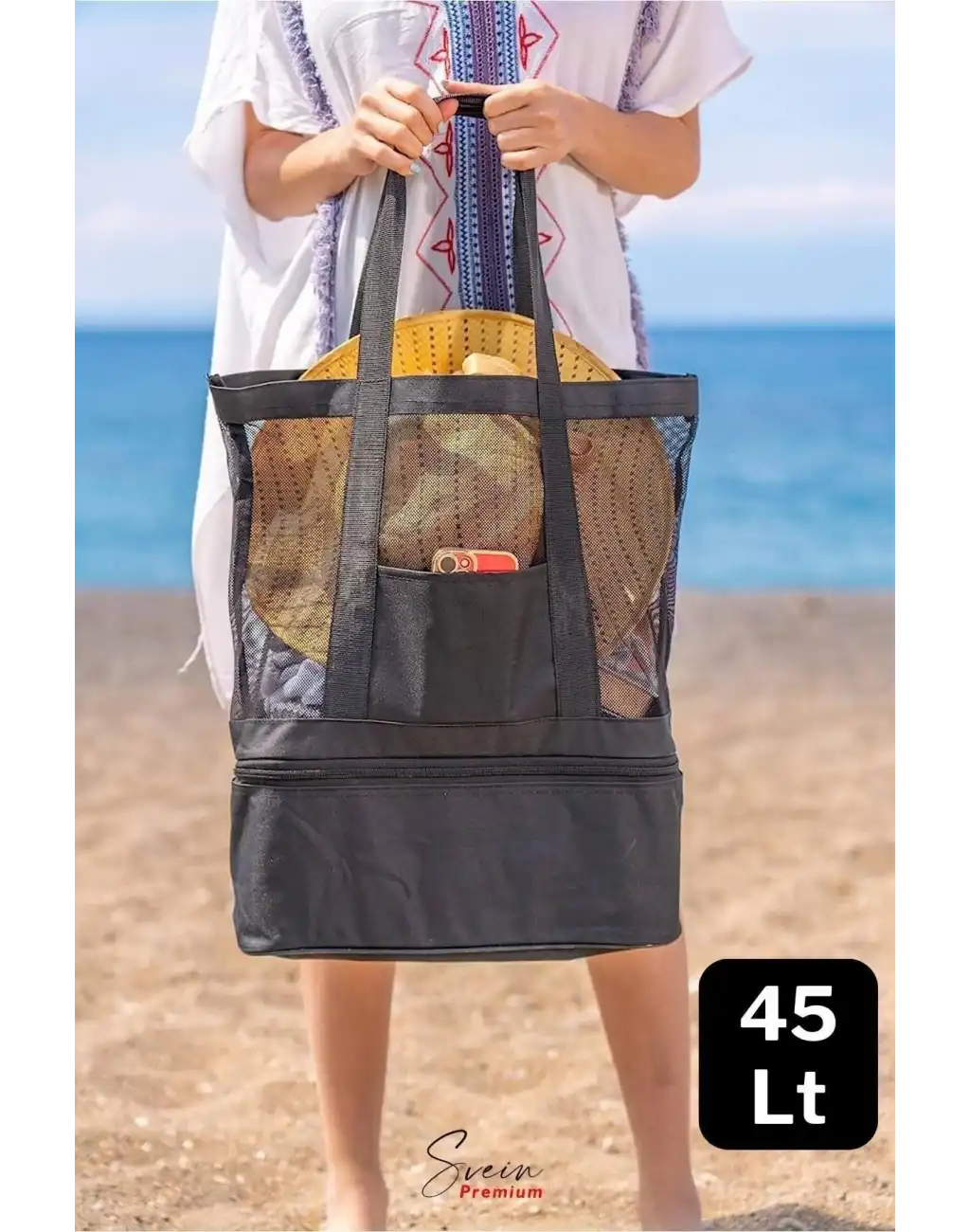 Sıcak Soğuk Tutucu Buzluklu Termos Bölmeli Fileli Omuz Askılı Fermuarlı Şık Plaj Kamp Piknik Çantası