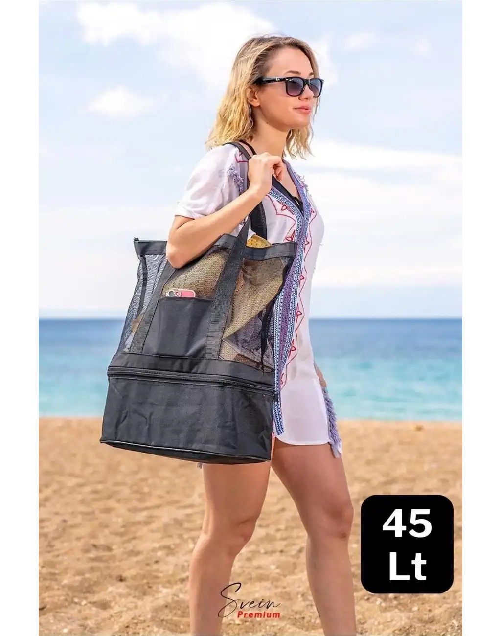 Sıcak Soğuk Tutucu Buzluklu Termos Bölmeli Fileli Omuz Askılı Fermuarlı Şık Plaj Kamp Piknik Çantası