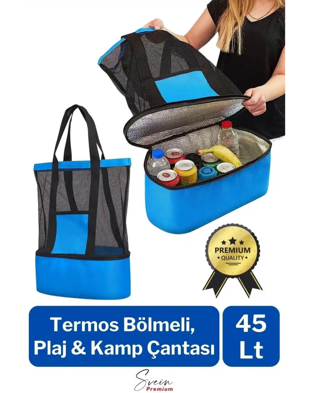 Sıcak Soğuk Tutucu Buzluklu Termos Bölmeli Fileli Omuz Askılı Fermuarlı Şık Plaj Kamp Piknik Çantası