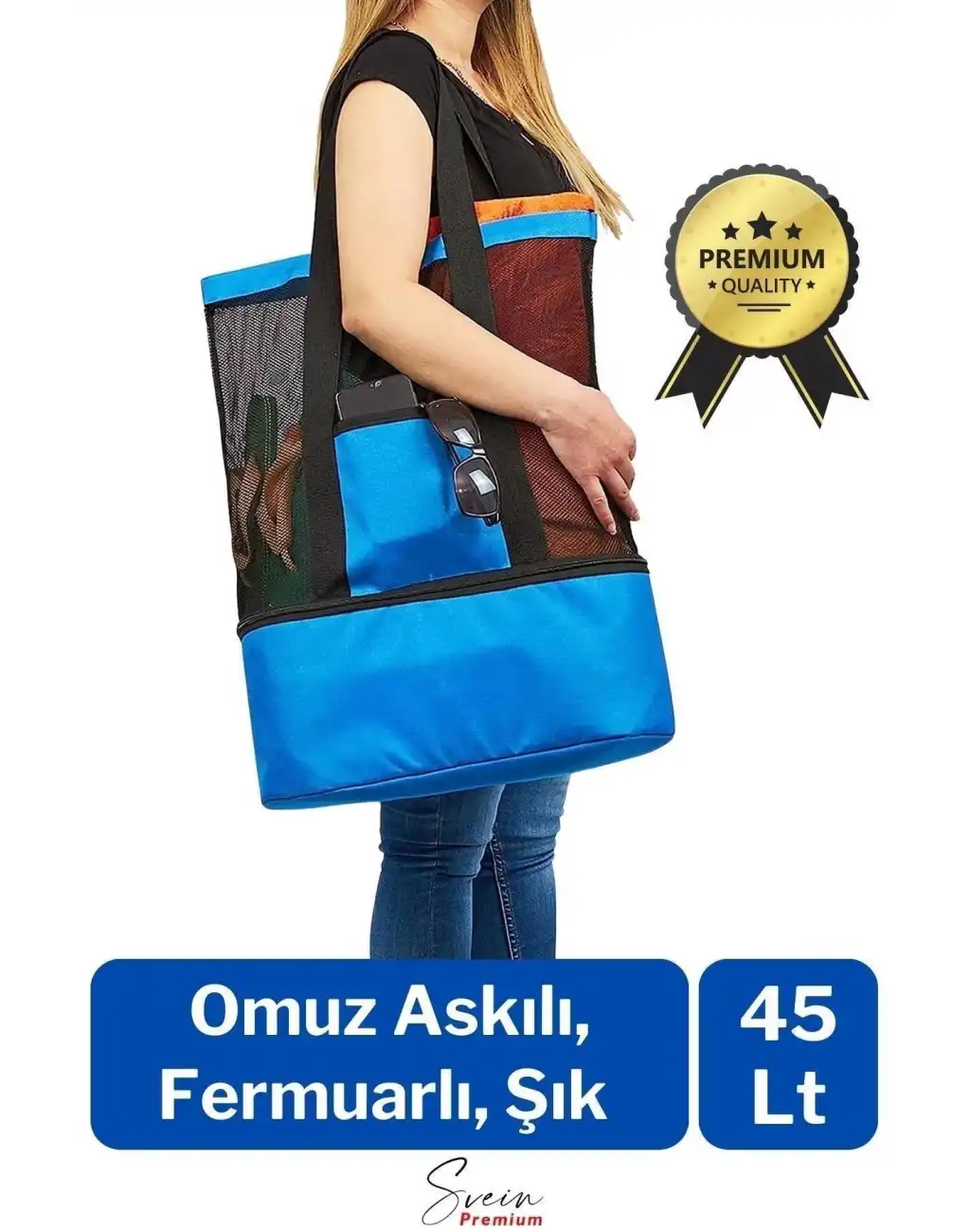 Sıcak Soğuk Tutucu Buzluklu Termos Bölmeli Fileli Omuz Askılı Fermuarlı Şık Plaj Kamp Piknik Çantası