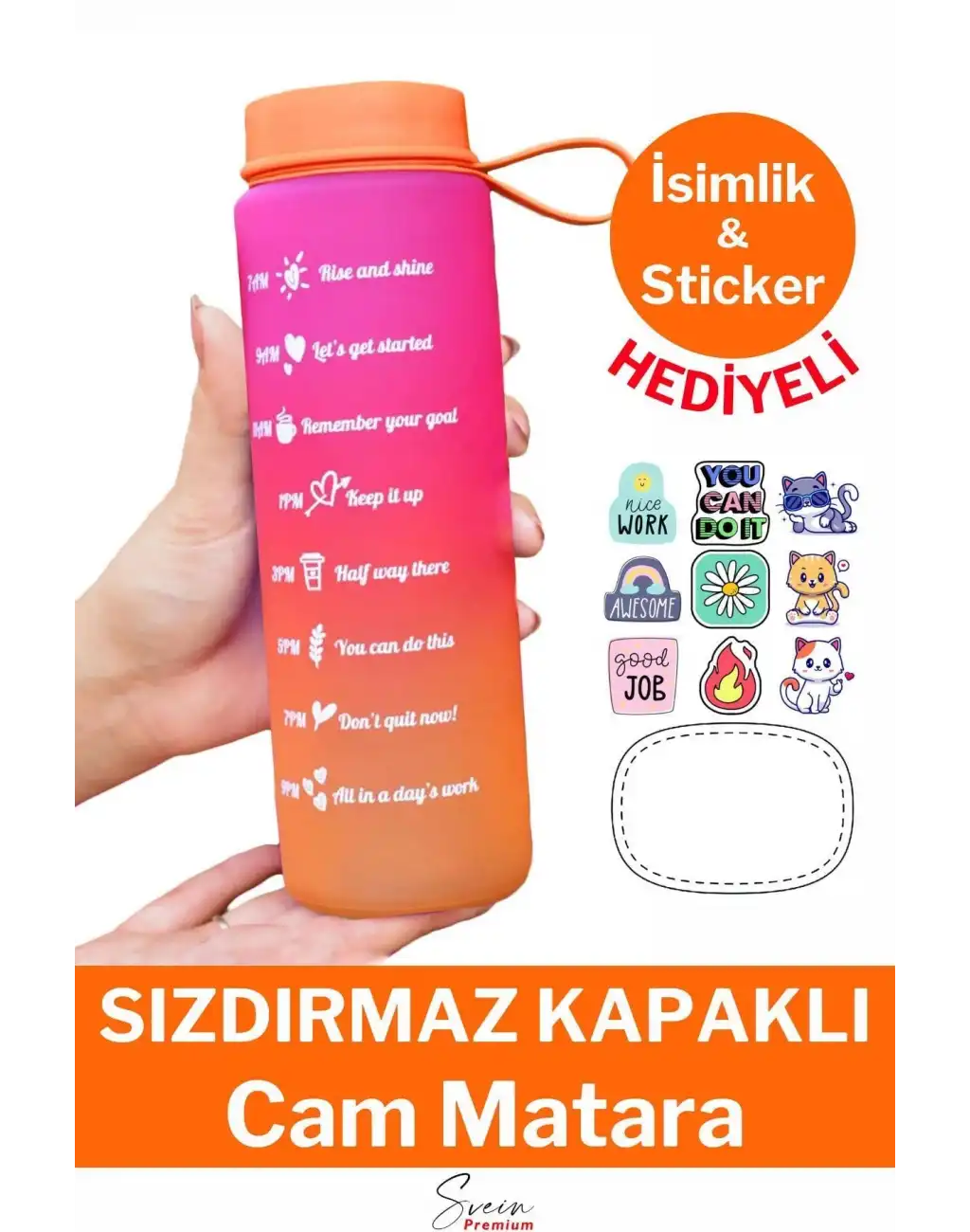 Premium Motivasyon 1. Kalite Sızdırmaz Renkli Yazılı Sporcu Cam Matara Kapaklı Su Şişesi Bpa İçermez