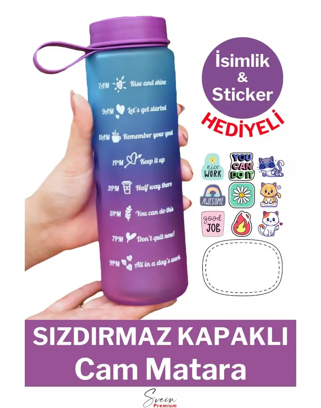 Premium Motivasyon 1. Kalite Sızdırmaz Renkli Yazılı Sporcu Cam Matara Kapaklı Su Şişesi Bpa İçermez