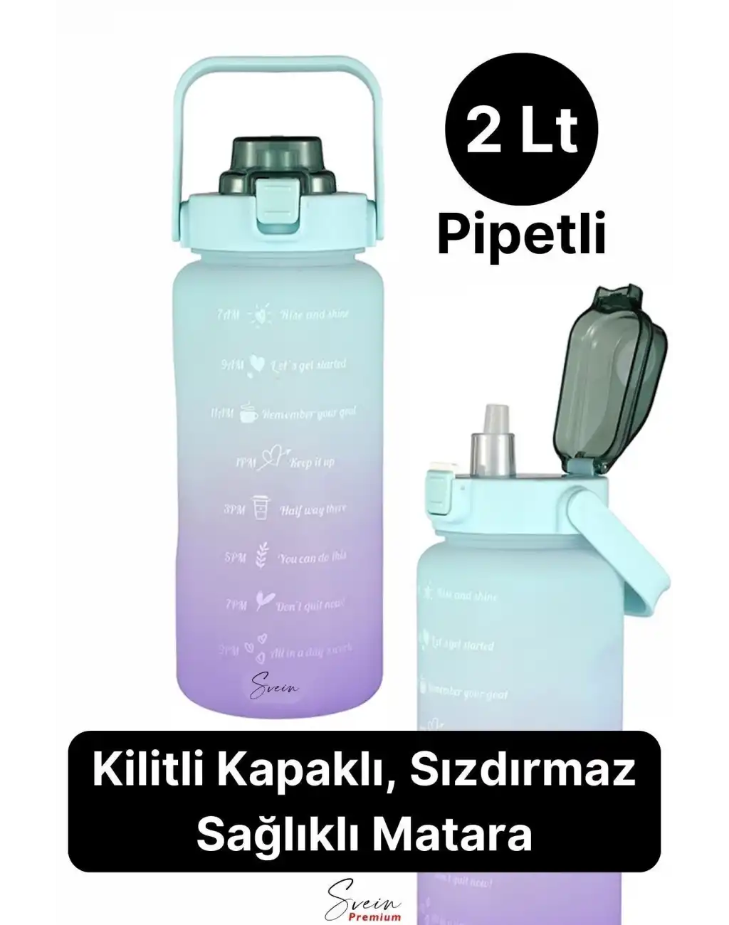 2 Lt Pipetli Motivasyonel Su Matarası Sağlıklı Sızdırmaz Suluk Tritan Spor Salonu Su Şişesi Sticker