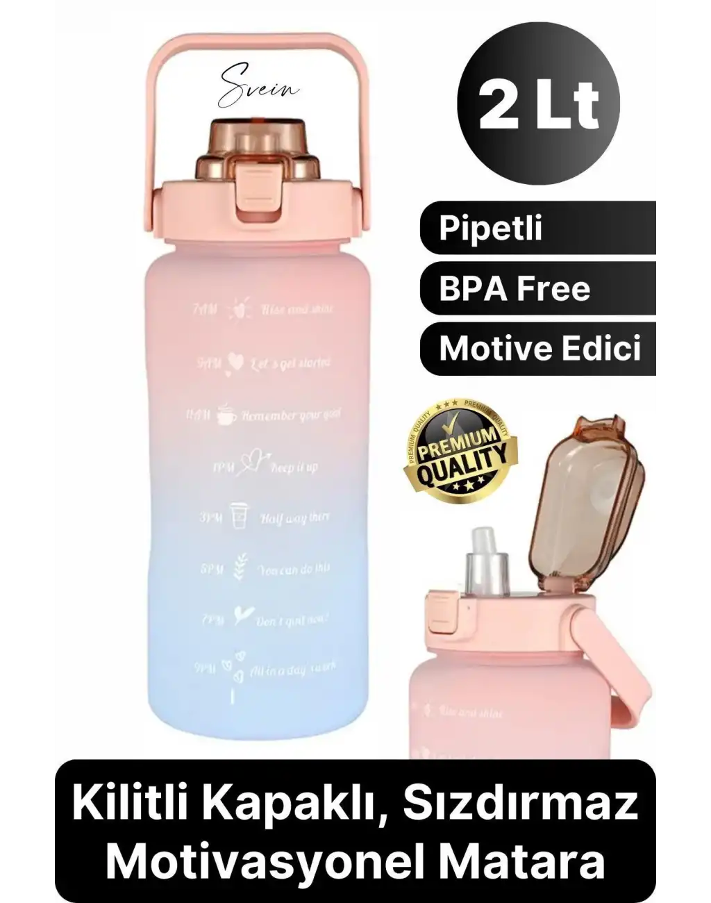 Premium 2 Lt Pipetli Kilitli Sızdırmaz Kapaklı Tutma Saplı Motivasyon Suluk Matara Sporcu Su Şişesi
