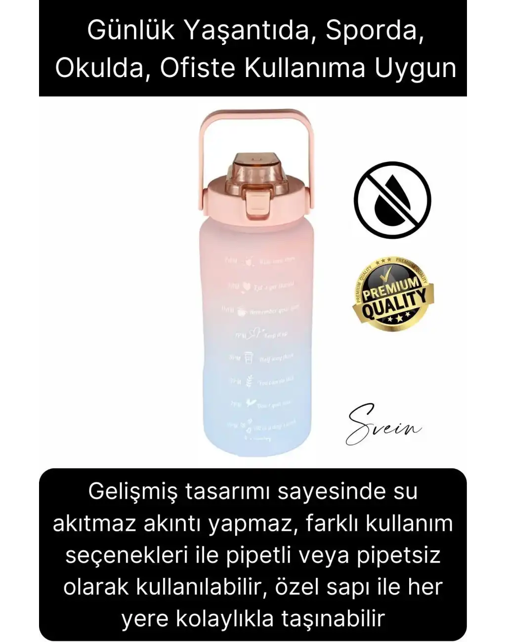 Premium 2 Lt Pipetli Kilitli Sızdırmaz Kapaklı Tutma Saplı Motivasyon Suluk Matara Sporcu Su Şişesi