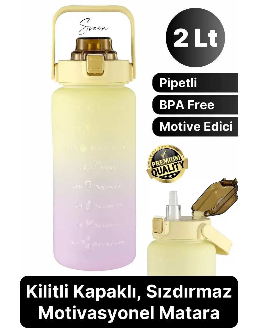 Premium 2 Lt Pipetli Kilitli Sızdırmaz Kapaklı Tutma Saplı Motivasyon Suluk Matara Sporcu Su Şişesi