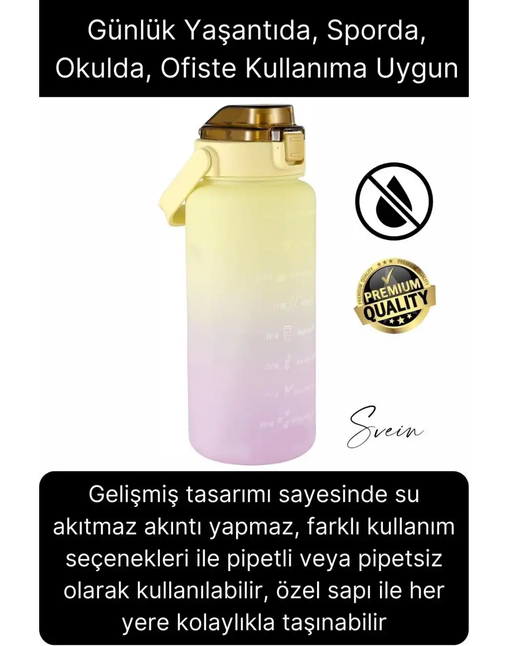 Premium 2 Lt Pipetli Kilitli Sızdırmaz Kapaklı Tutma Saplı Motivasyon Suluk Matara Sporcu Su Şişesi