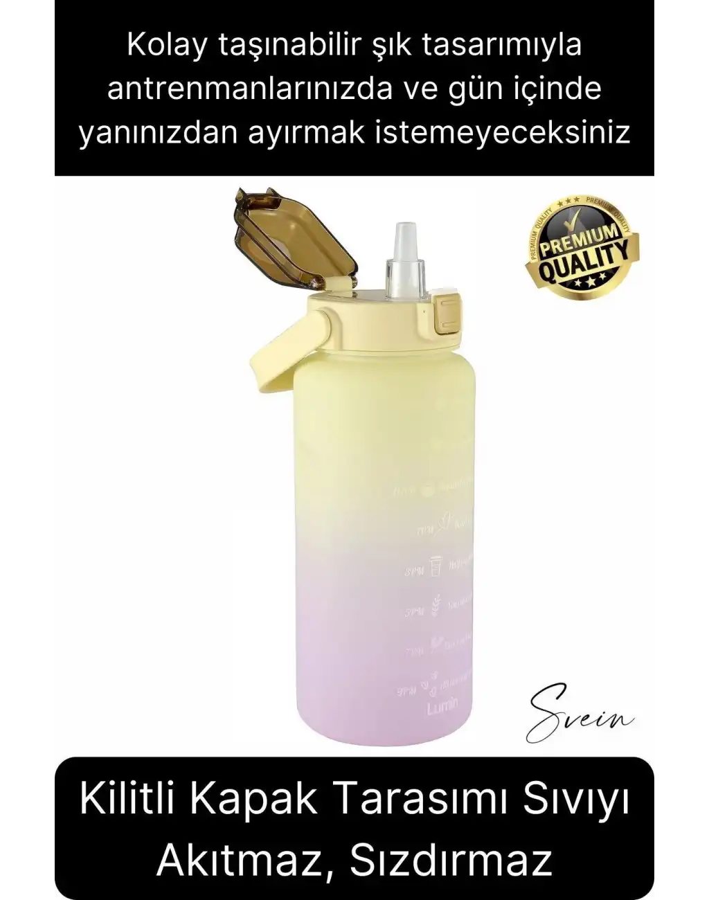 Premium 2 Lt Pipetli Kilitli Sızdırmaz Kapaklı Tutma Saplı Motivasyon Suluk Matara Sporcu Su Şişesi