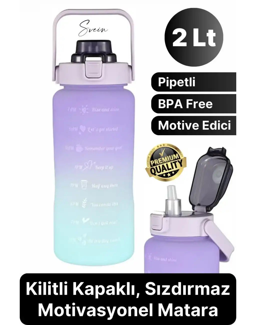Premium 2 Lt Pipetli Kilitli Sızdırmaz Kapaklı Tutma Saplı Motivasyon Suluk Matara Sporcu Su Şişesi