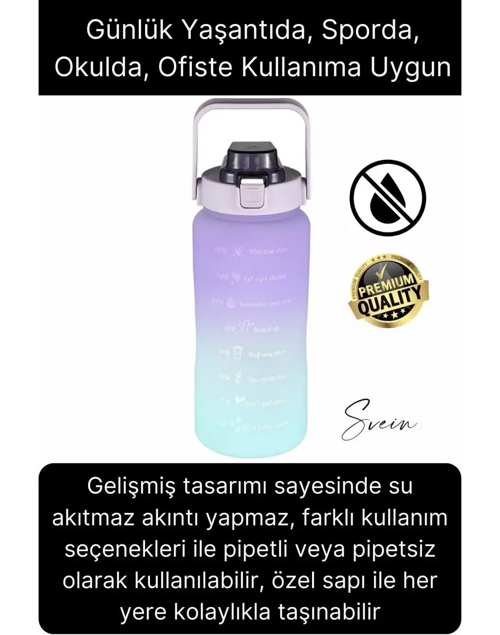 Premium 2 Lt Pipetli Kilitli Sızdırmaz Kapaklı Tutma Saplı Motivasyon Suluk Matara Sporcu Su Şişesi