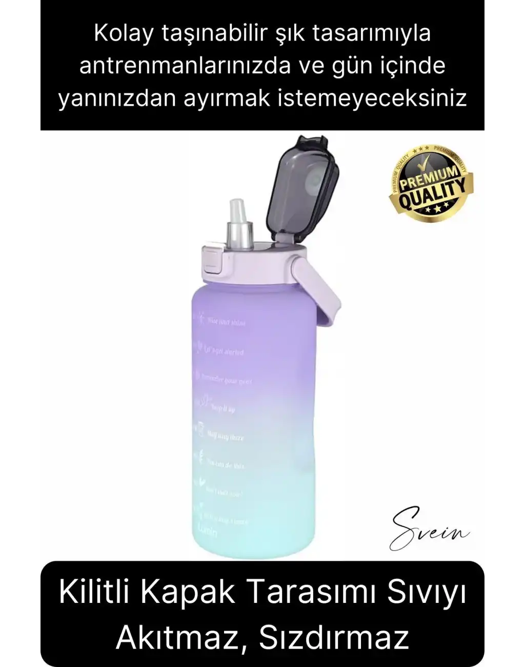 Premium 2 Lt Pipetli Kilitli Sızdırmaz Kapaklı Tutma Saplı Motivasyon Suluk Matara Sporcu Su Şişesi
