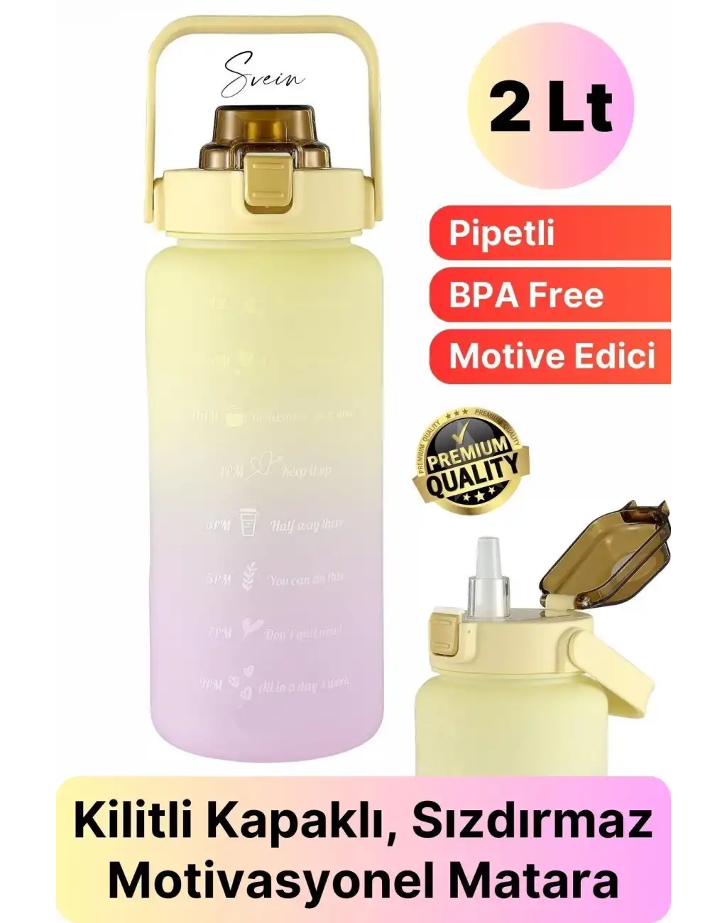 Premium 2 Lt Pipetli Kilitli Sızdırmaz Kapaklı Tutma Saplı Motivasyon Suluk Matara Sporcu Su Şişesi