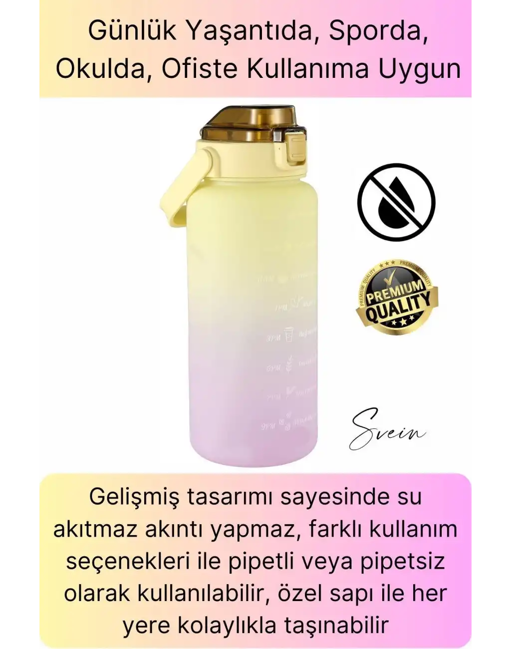 Premium 2 Lt Pipetli Kilitli Sızdırmaz Kapaklı Tutma Saplı Motivasyon Suluk Matara Sporcu Su Şişesi